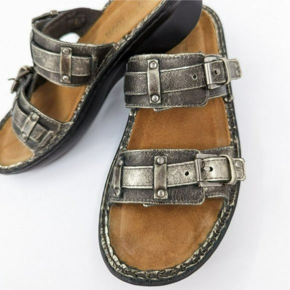 Naot Karaoke Wedge Sandal 37 6 Metallic Bronze Gold Strappy Side Buckle Open Toe - Picture 12 of 13